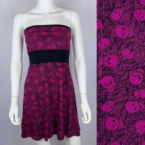 Thread Medium Pink Black Skull Print Strapless Skater Mini Fit & Flare Dress